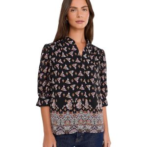 CeCe Open Collar Short Sleeve Top with Hidden Placket